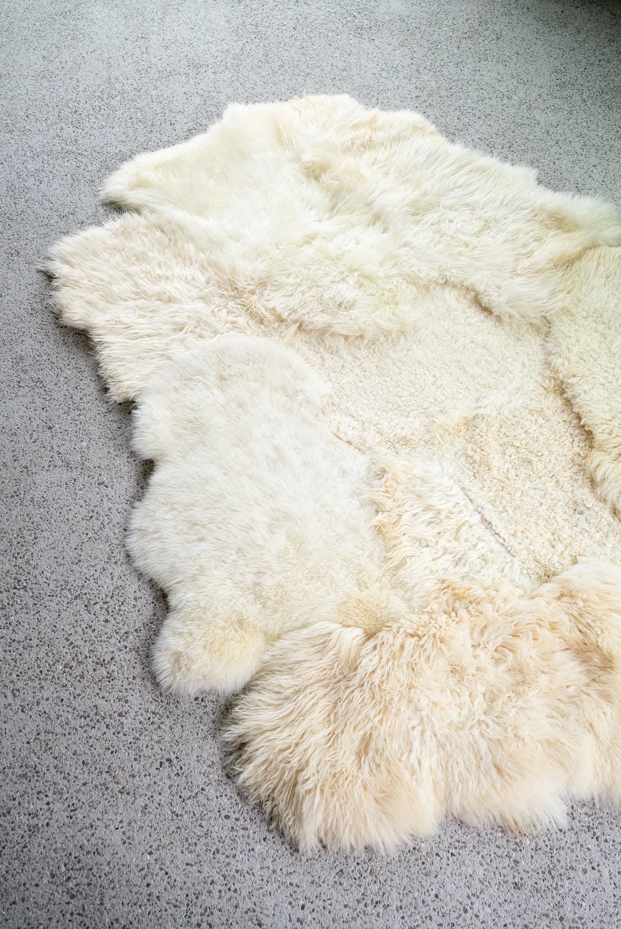 Nugget by Wol Society, a large buttery cream sheep skin rug with curly and silky fleece