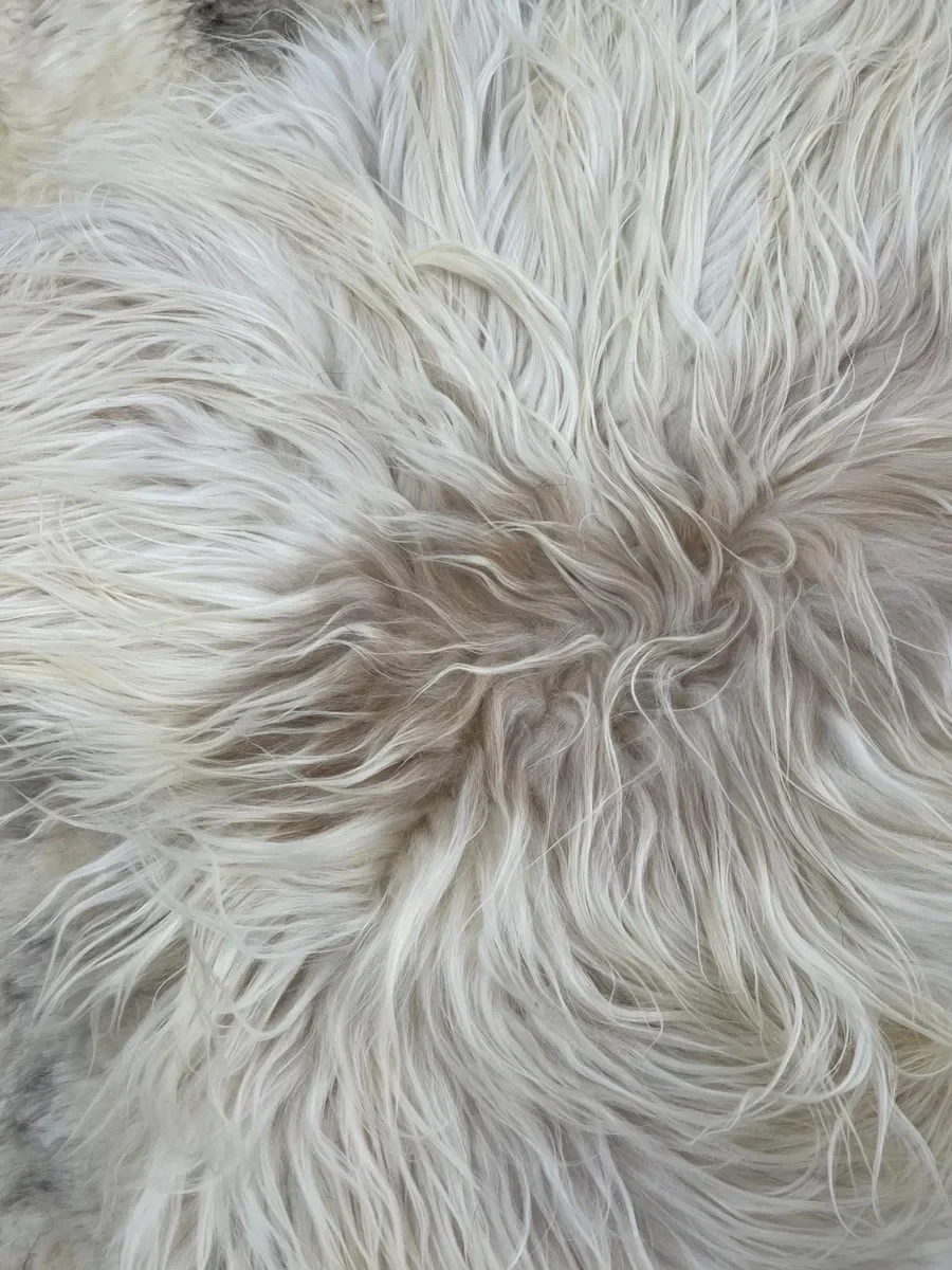Tilly by Wol Society, a large ivory, grey and taupe patchwork sheepskin rug