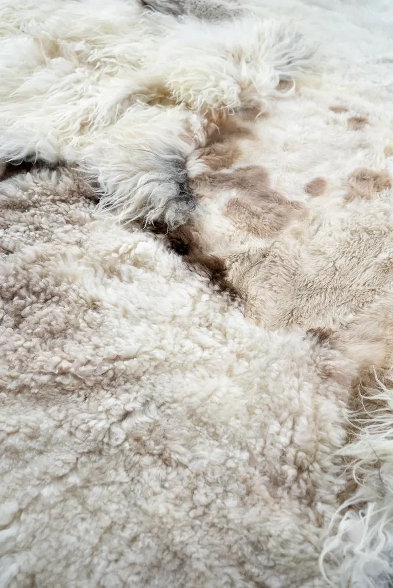 Poppy Puff by Wol Society, an ivory patchwork sheepskin rug with taupe spots and brown-edged pelts