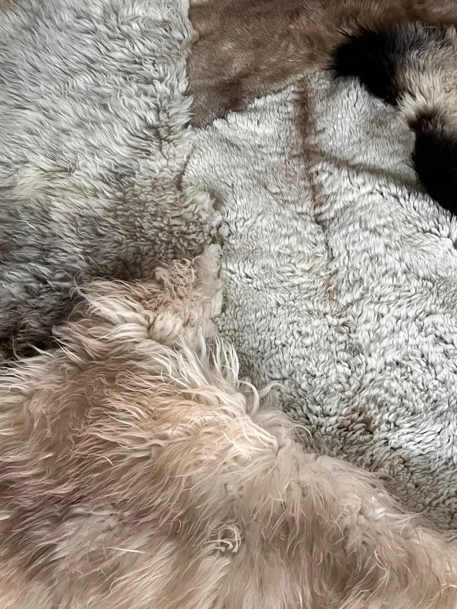 Fragile by Wol Society, a patchwork sheepskin rug in silver grey, warm taupe and ivory with charcoal accents