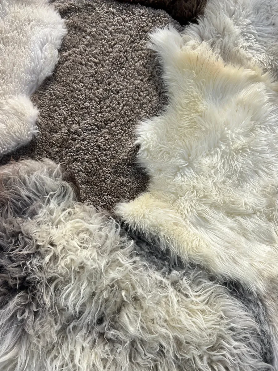 Fluff by Wol Society, a huge ivory and cream sheep skin rug with grey-brown and smoky brown pelts