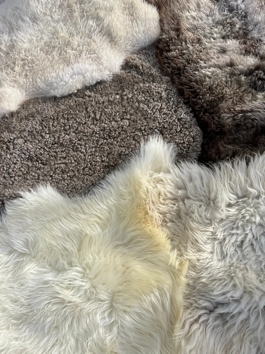 Fluff by Wol Society, a huge ivory and cream sheep skin rug with grey-brown and smoky brown pelts
