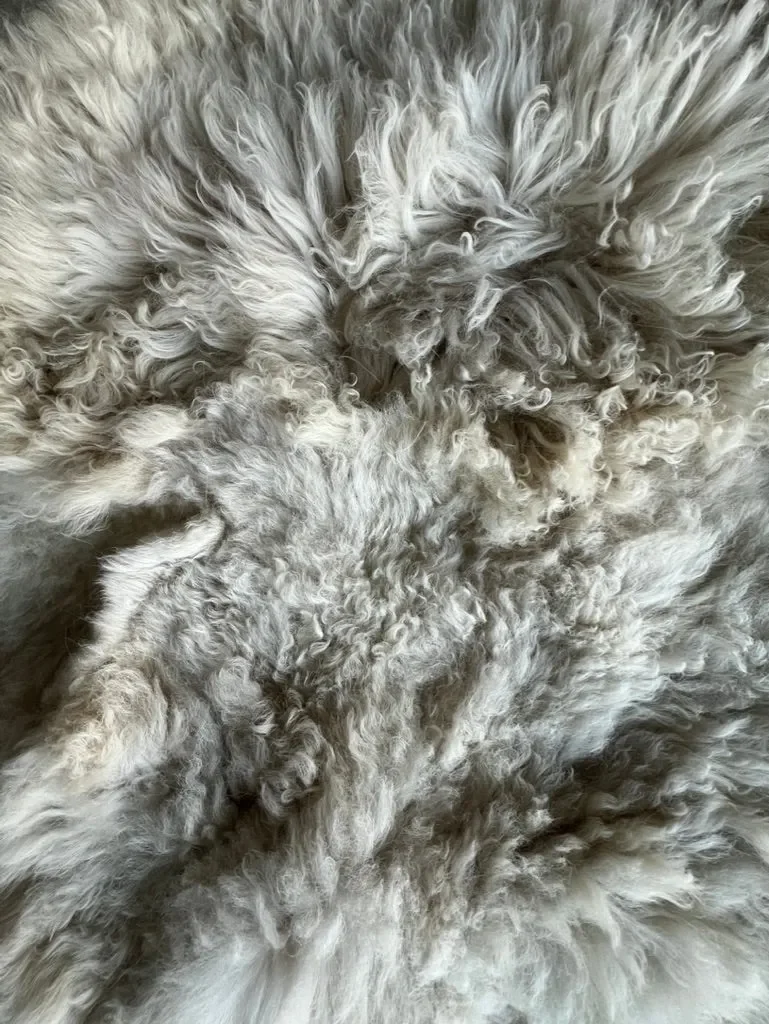 Pixie 2 by Wol Society, an ivory sheep skin rug with long, wavy fleece and soft grey undertones
