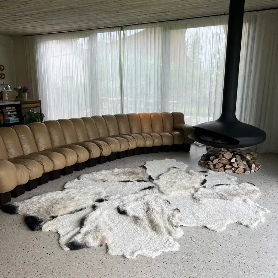 Mimi by Wol Society, an ivory Walliser Blacknose sheep skin rug with taupe shading and black-tipped edges