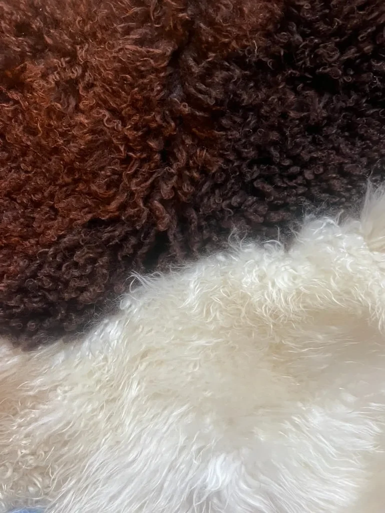 Mary by Wol Society, a brown and cream sheep skin rug with bands of cream between chocolate and russet fleece