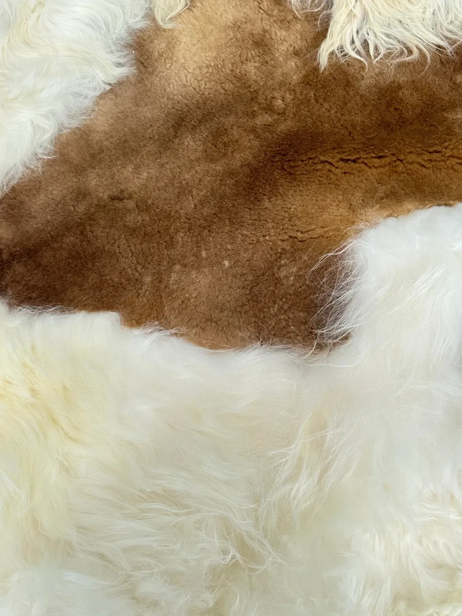 Mieke 190 by Wol Society, a large white sheepskin rug with a caramel brown pelt through its center