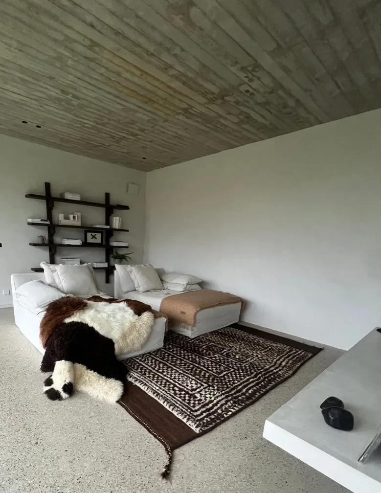 Mary by Wol Society, a brown and cream sheep skin rug with bands of cream between chocolate and russet fleece