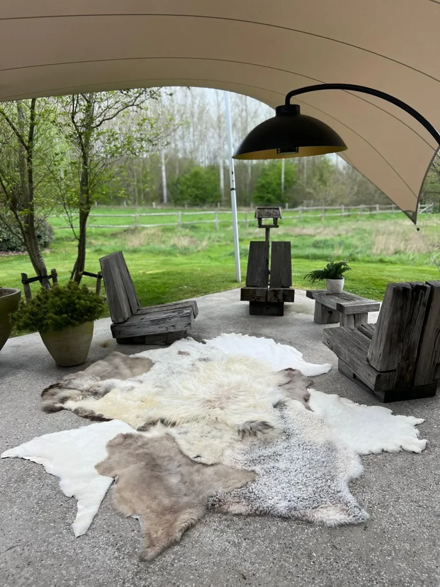 Tilly by Wol Society, a large ivory, grey and taupe patchwork sheepskin rug