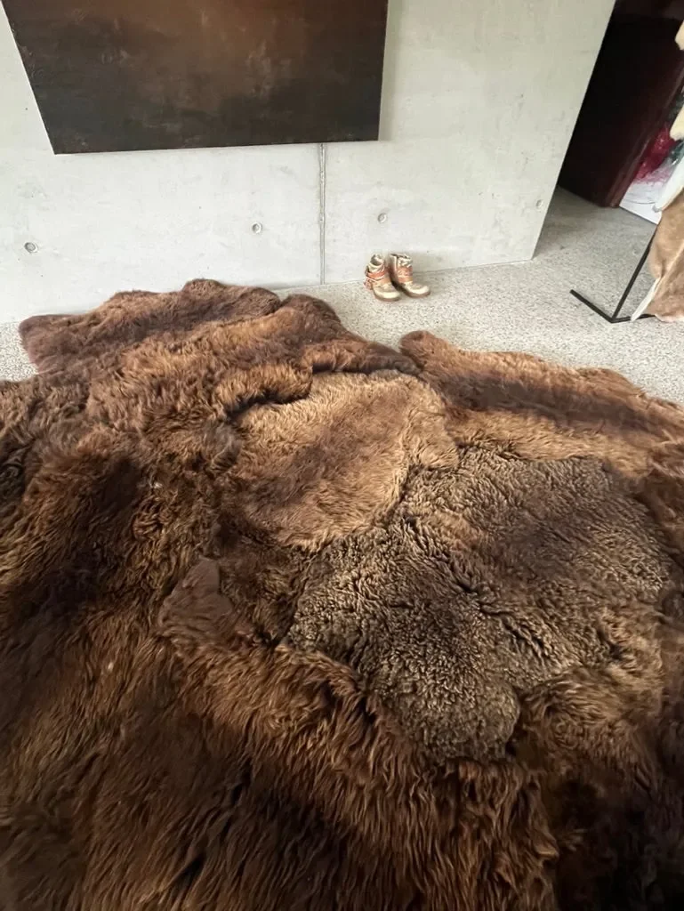 Mieke 204 by Wol Society, a russet brown sheepskin rug with shaggy edges and a curly center