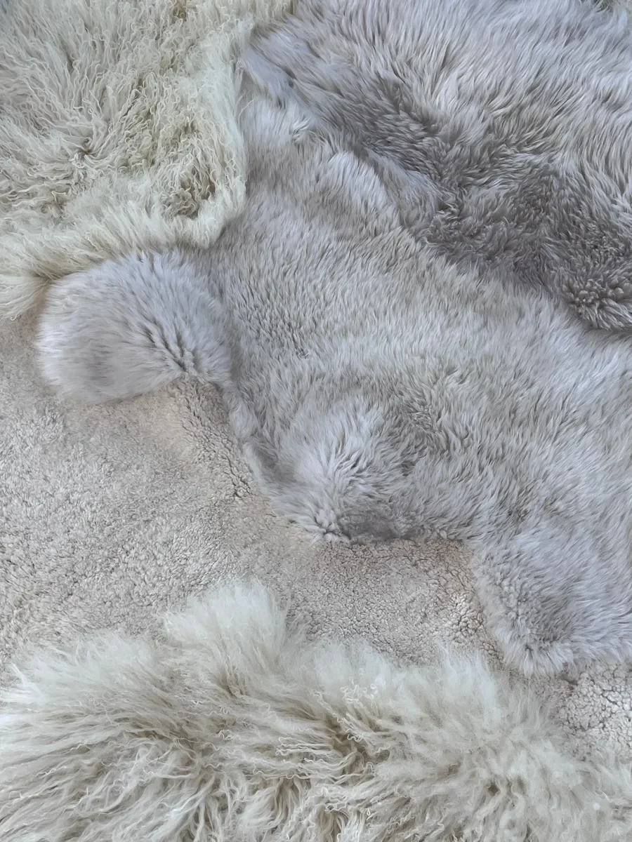 Mango by Wol Society, an ivory sheep skin rug with soft patches of pale dove grey
