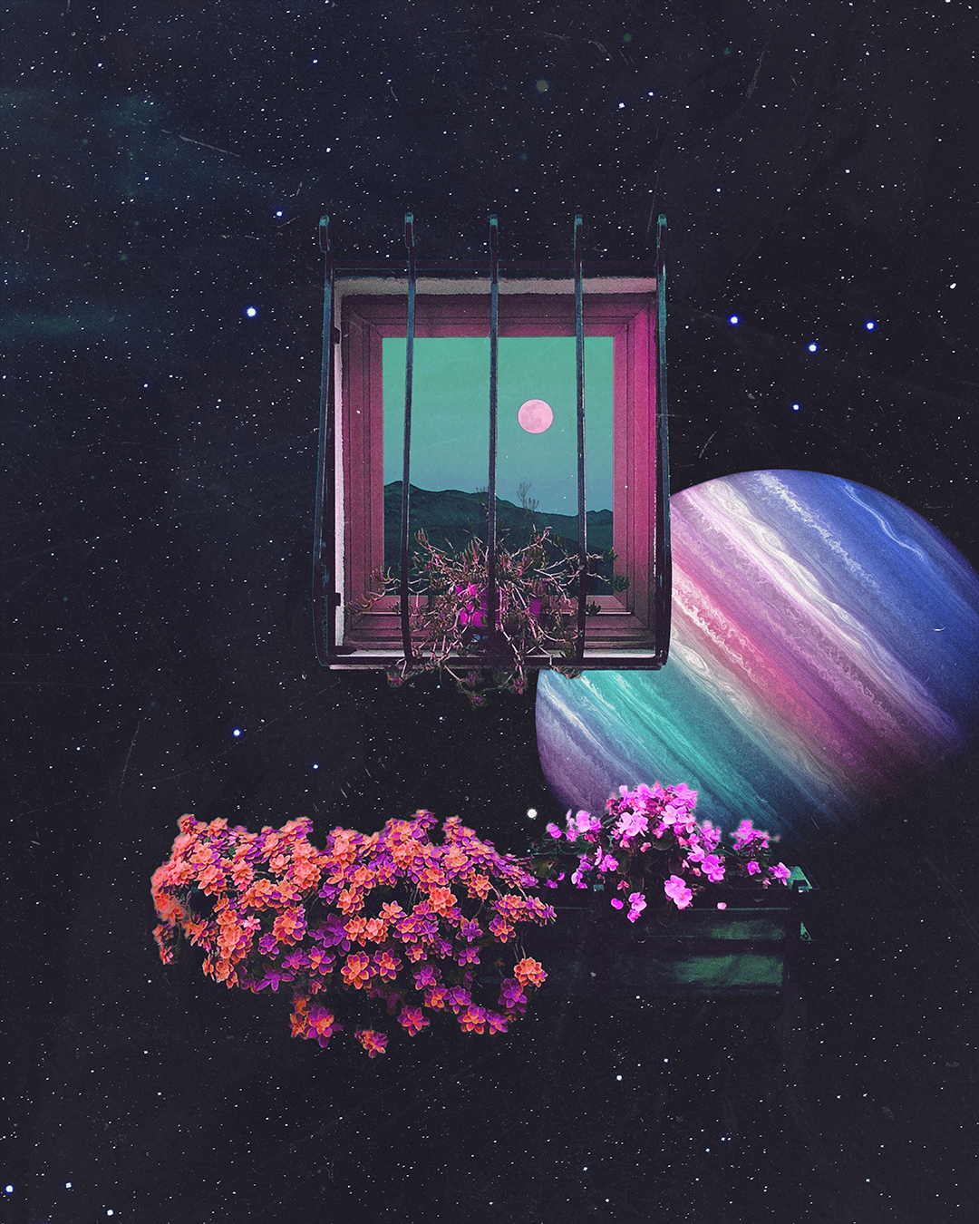 A surreal digital collage depicting a window in space with a view of mountains and a pink moon, surrounded by colorful planets and flowers floating in a starry universe.