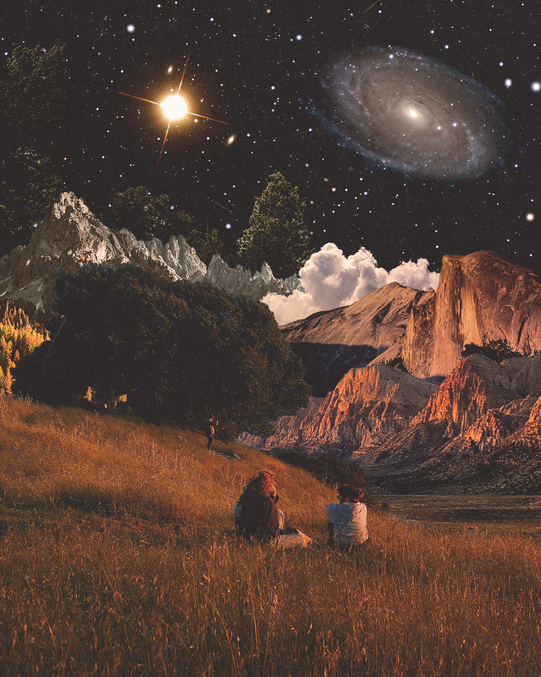 Two people sitting on a grassy hillside watching a starry night sky with mountains, trees, a bright star, clouds, and a galaxy.