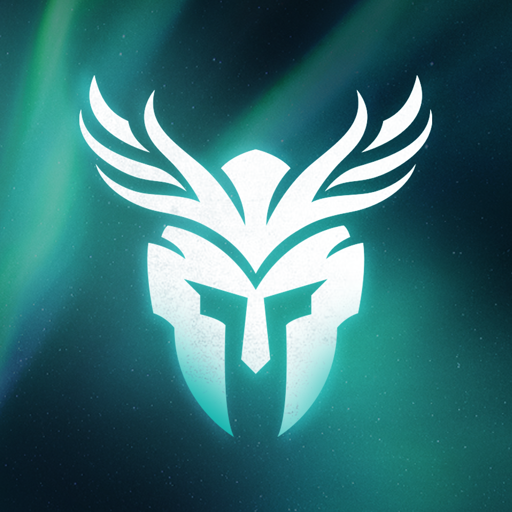 Stylized logo of a spartan style helmet with accents shaped like wings against a dark green and blue gradient background resembling a starry night sky.