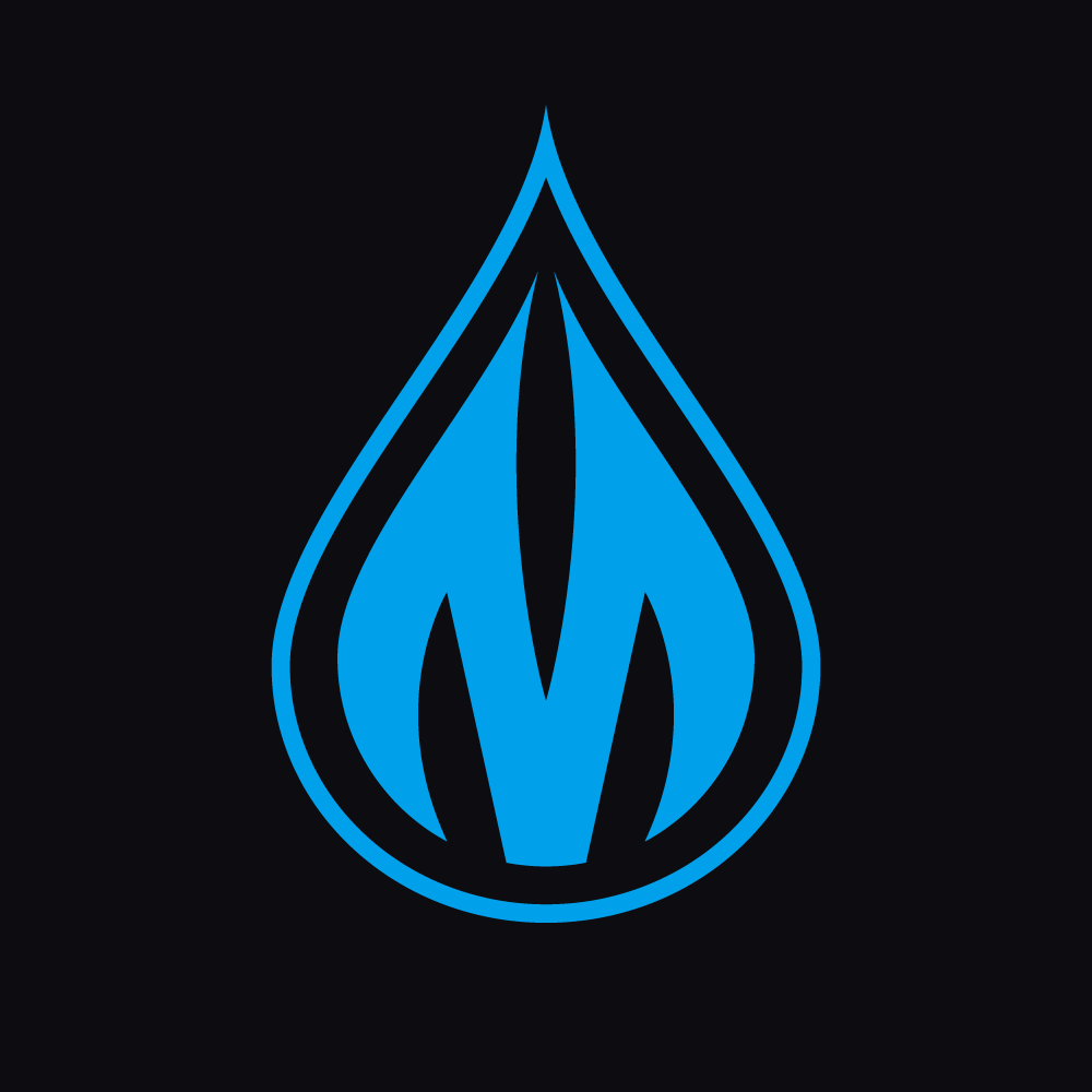 A stylized blue and black water droplet logo on a black background with the letter "M" stylized in the droplet.