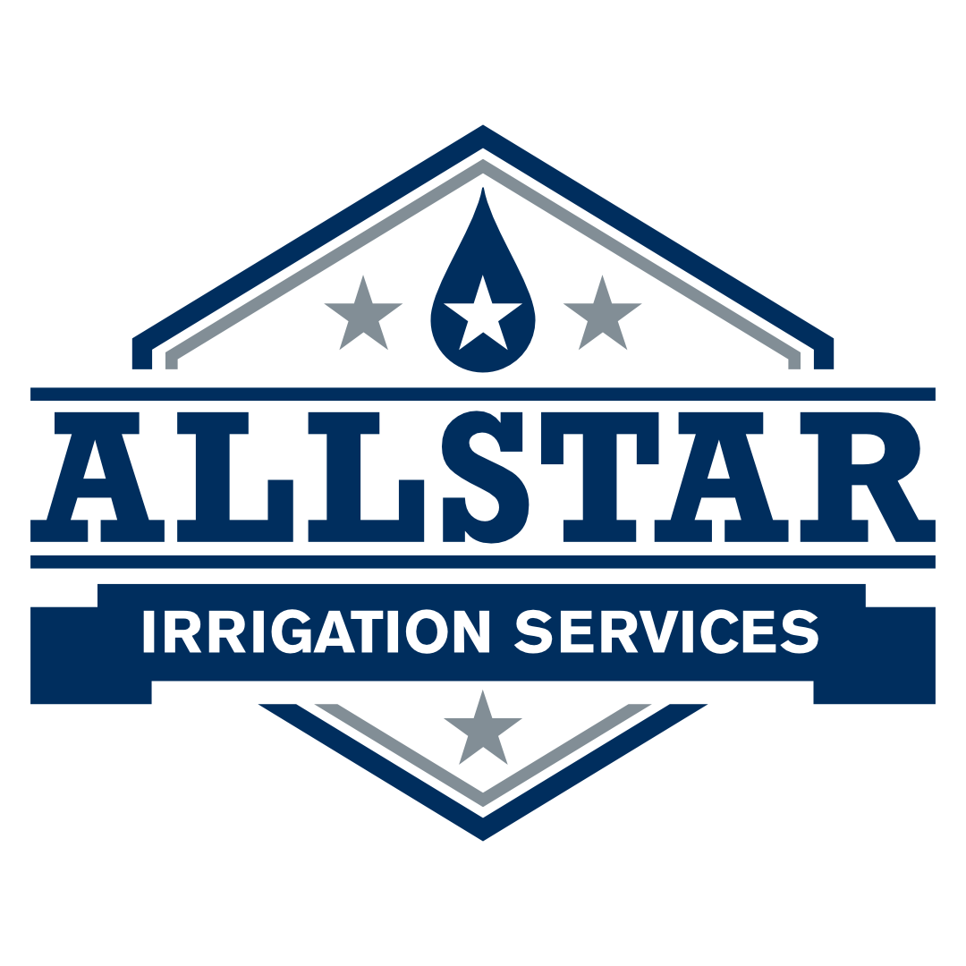 Logo for Allstar Irrigation Services featuring a blue and gray shield with stars and water drop icon.