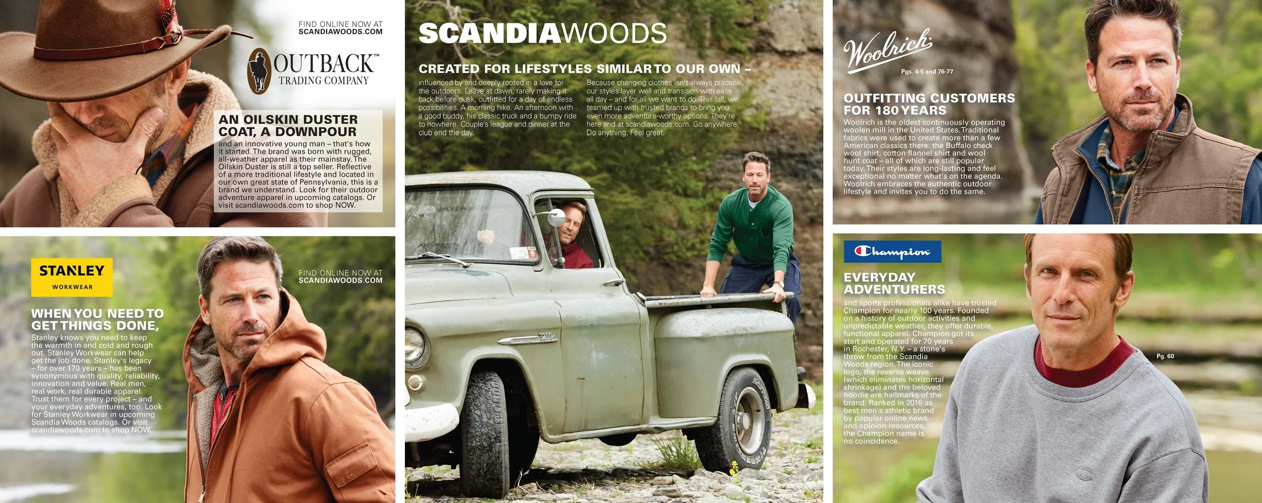 Collage of outdoor lifestyle images featuring men in rugged clothing, a vintage truck, and promotional text for brands Outback Trading Company, Scandia Woods, Woolrich, Stanley Workwear, and Champion, highlighting outdoor adventure apparel and gear.