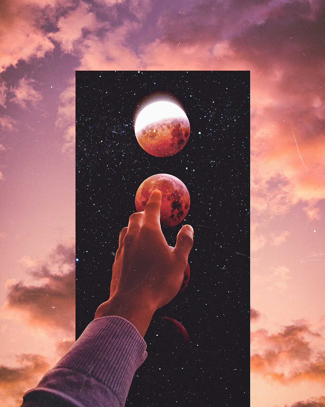 A hand reaching up toward a digital art display of the moon in space, with a pinkish sunset sky in the background.