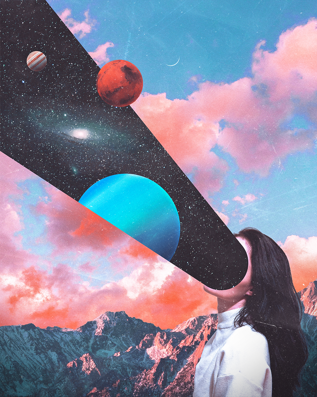 A woman standing in a mountain landscape with a surreal, cosmic collage overlayed on her face, showing planets and stars against a colorful sky.