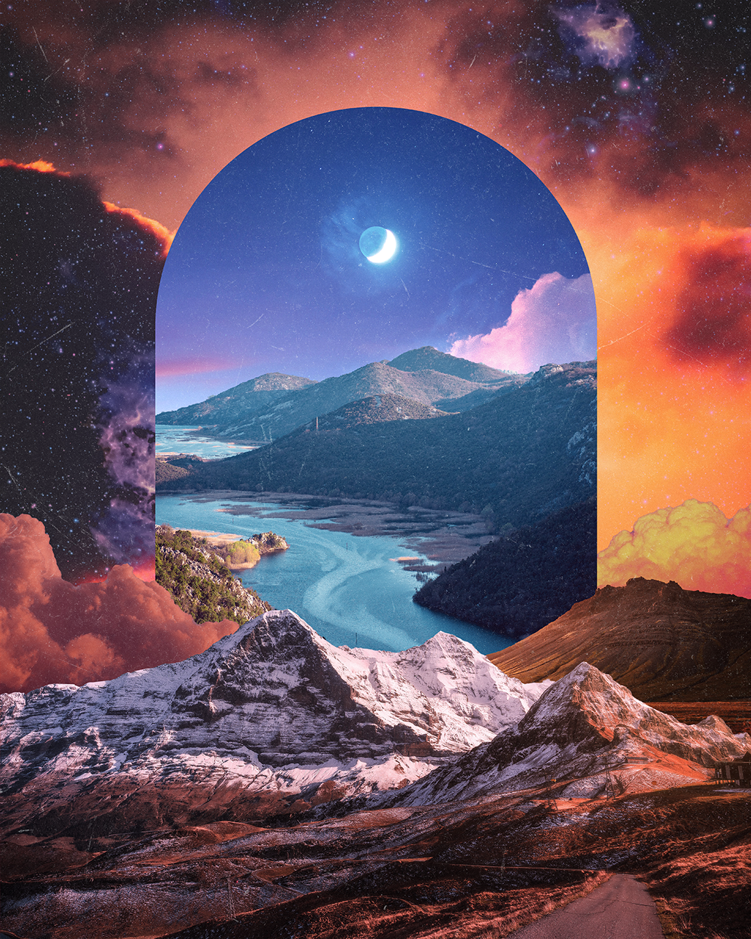 A surreal landscape collage featuring snow-capped mountains in the foreground, a river flowing through forested hills, with a mountainous horizon under a starry night sky. A large archway frames the scene, with a crescent moon visible in the sky abov
