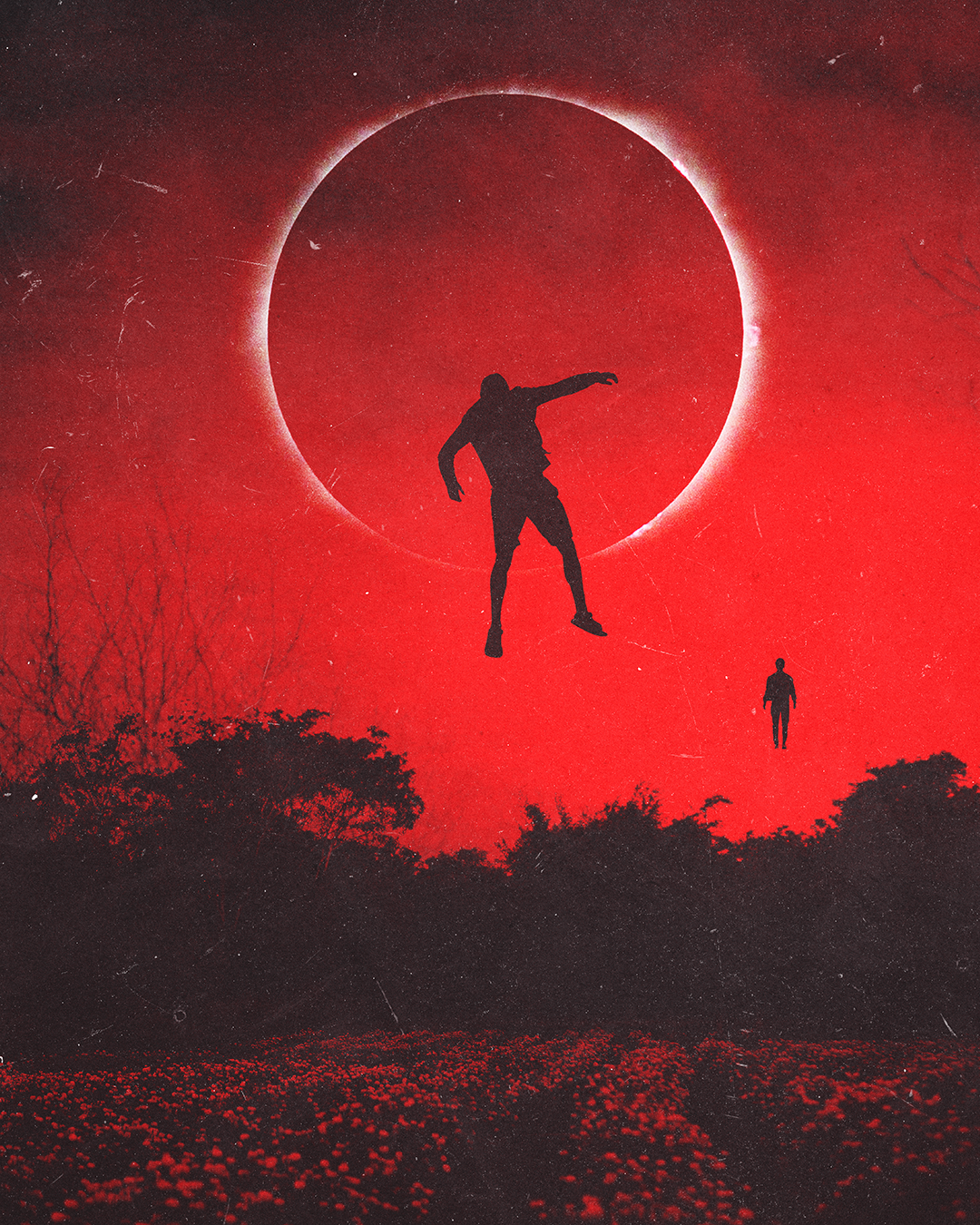 A surreal scene featuring a red sky with a solar eclipse, silhouetted figures floating or falling in the sky, and a field of flowers and trees in the foreground.