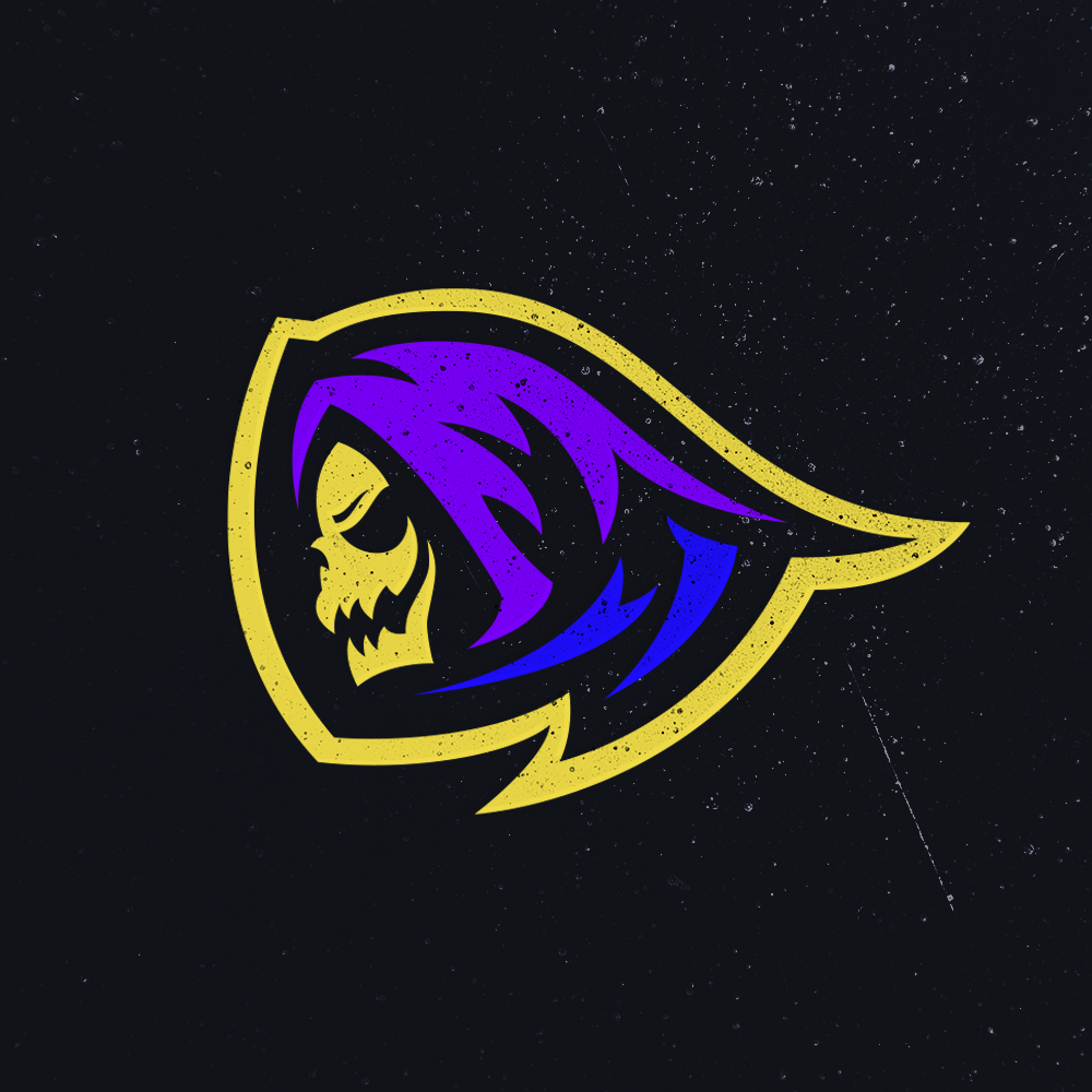 A stylized graphic of a yellow skull with a purple and blue hood, resembling a grim reaper, on a black starry background.