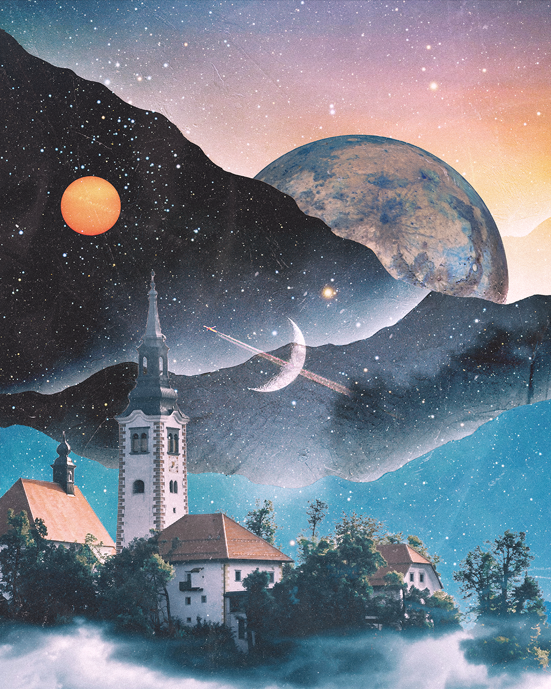 A surreal montage of a mountain landscape with a church and houses in the foreground. The sky is filled with stars, a large moon, and a planet, with a colorful gradient from orange to pink. A small crescent moon and a shooting star are also visible i