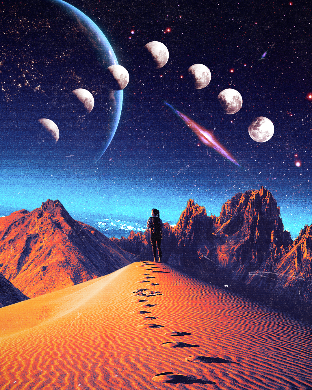 A person standing on a sand dune in a desert with mountain ranges in the background. The sky features a surreal space scene with multiple moon phases, stars, planets, and a comet.
