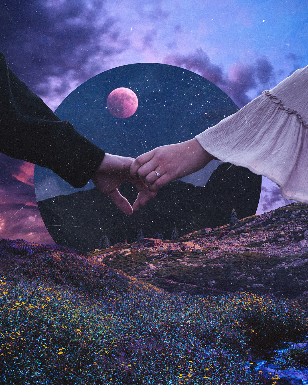 Two people holding hands in front of a surreal landscape with mountains, a starry sky, and a large circle like a portal showing a moon and stars.