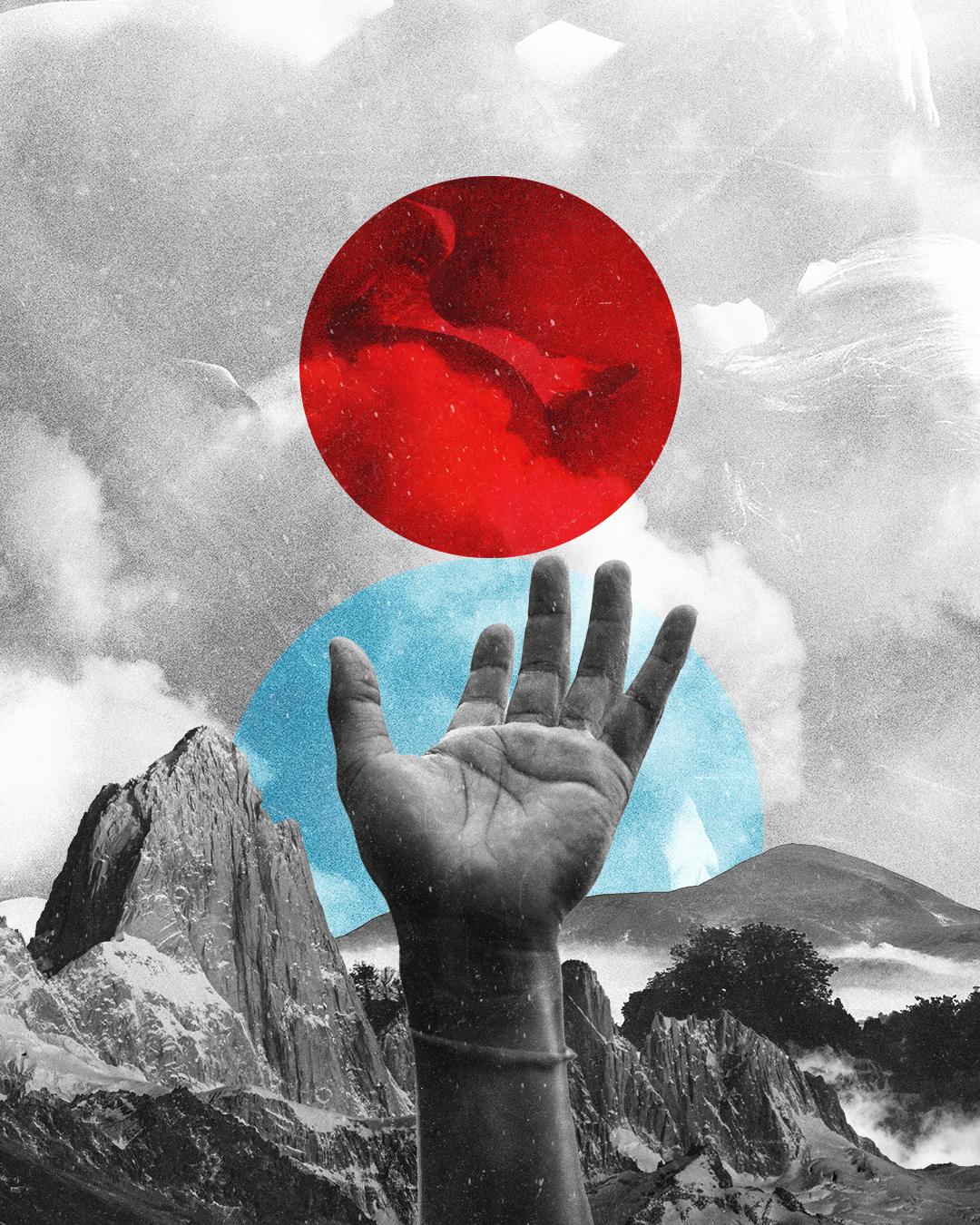 A surreal black and white mountain landscape with a raised hand, and two circles in mid-air, one red and one blue, overlapping the clouds. The red circle shows a transparent image of a couple kissing.