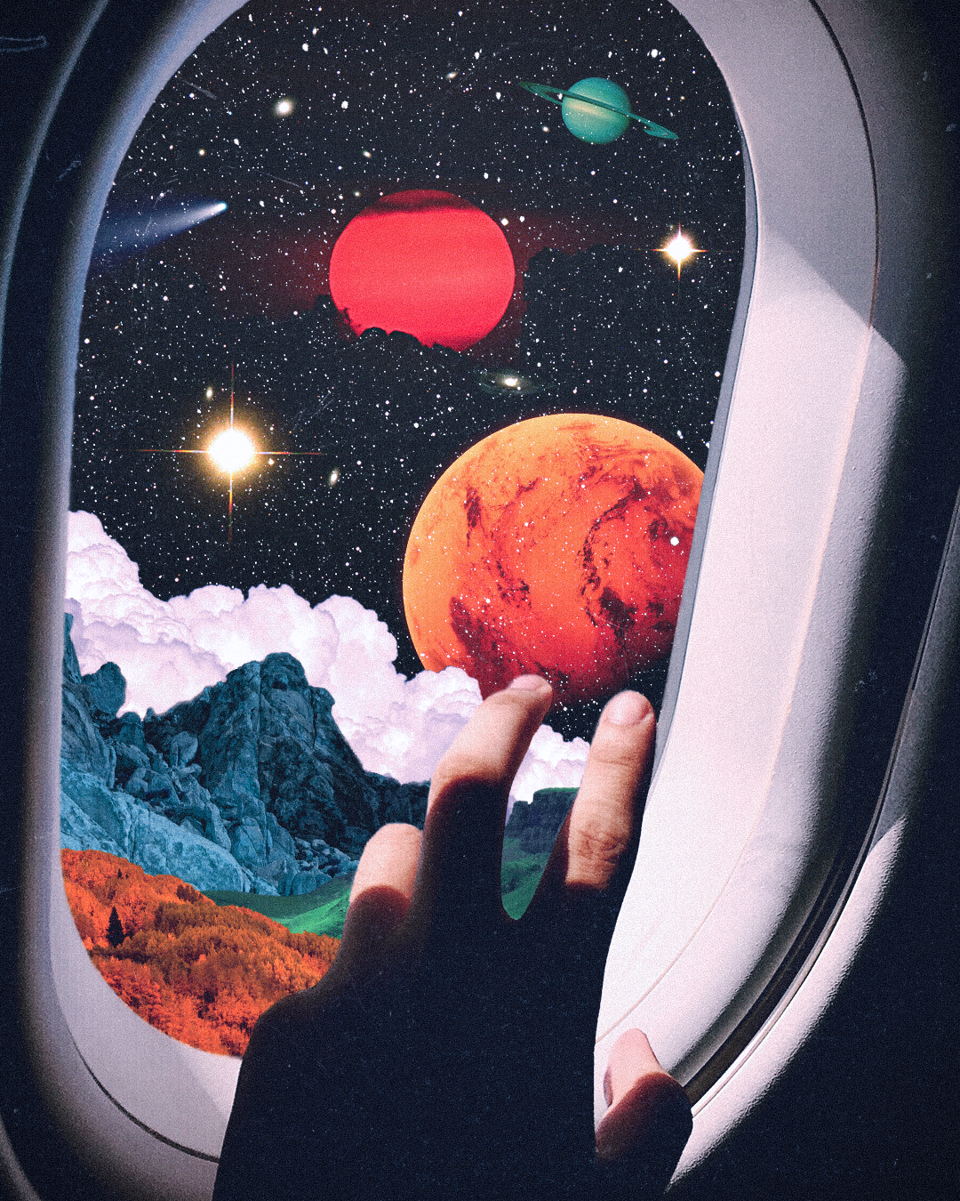 A person's hand pointing at a galaxy-themed sticker on an airplane window, depicting planets, stars, mountains, and clouds.