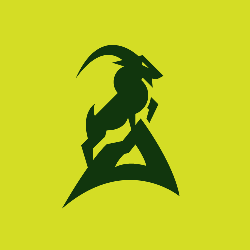 A green and black logo featuring a stylized mountain goat standing on a stylized mountain to look like the letter "A."