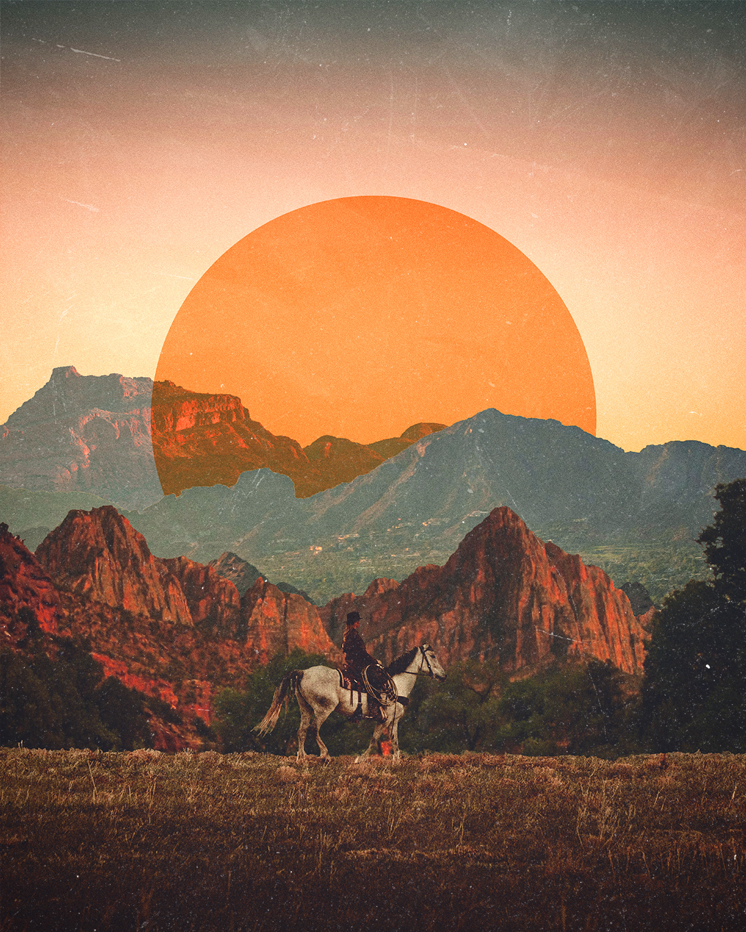 A person riding a white horse in a mountainous landscape during sunset or sunrise, with an orange sun low in the sky and a starry background.