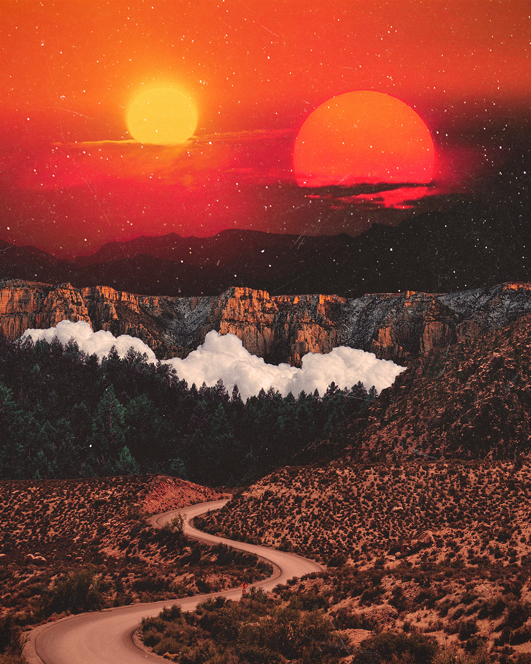 A surreal landscape with a winding dirt road in a desert terrain, mountains in the background, low clouds, and two large, bright suns in the sky amid starry clouds, all with a reddish-orange hue.