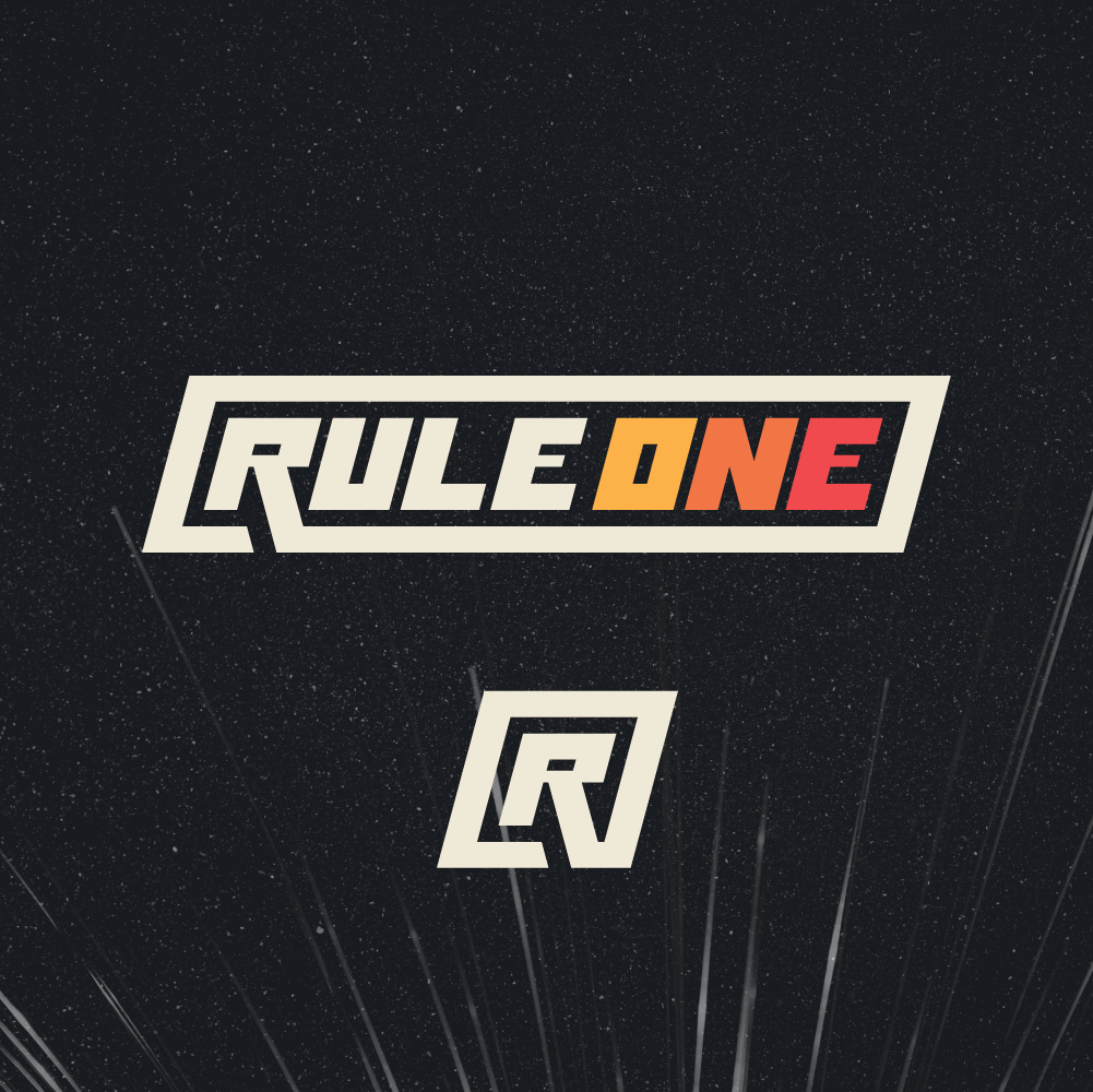 A black background with a space or starfield pattern, displaying the logos of RuleOne and a stylized R in white.