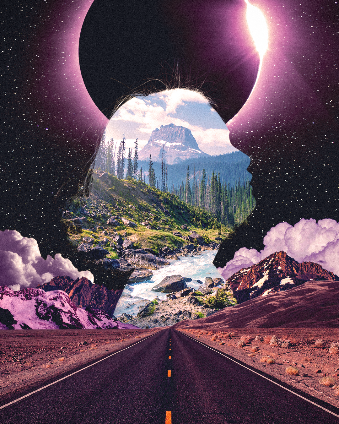 A surreal collage with a long empty road leading to a mountainous landscape and a forest, enclosed within the silhouette of a person's head filled with a starry sky, galaxy, and a bright sun.