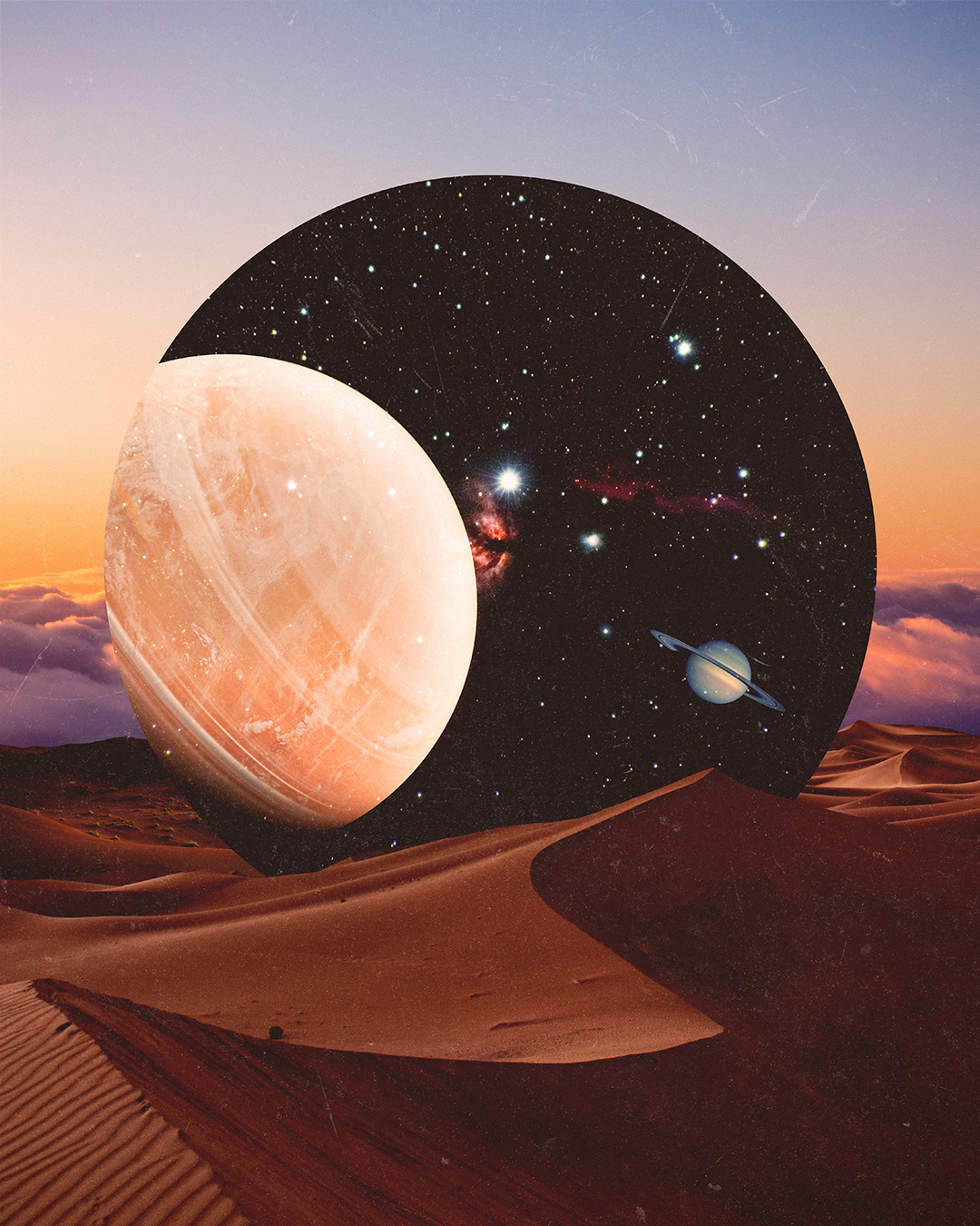 A surreal image of a desert landscape with sand dunes at sunset, featuring a large, partially transparent, and textured moon and a starry galaxy in the background, with a planet that has rings floating in space.