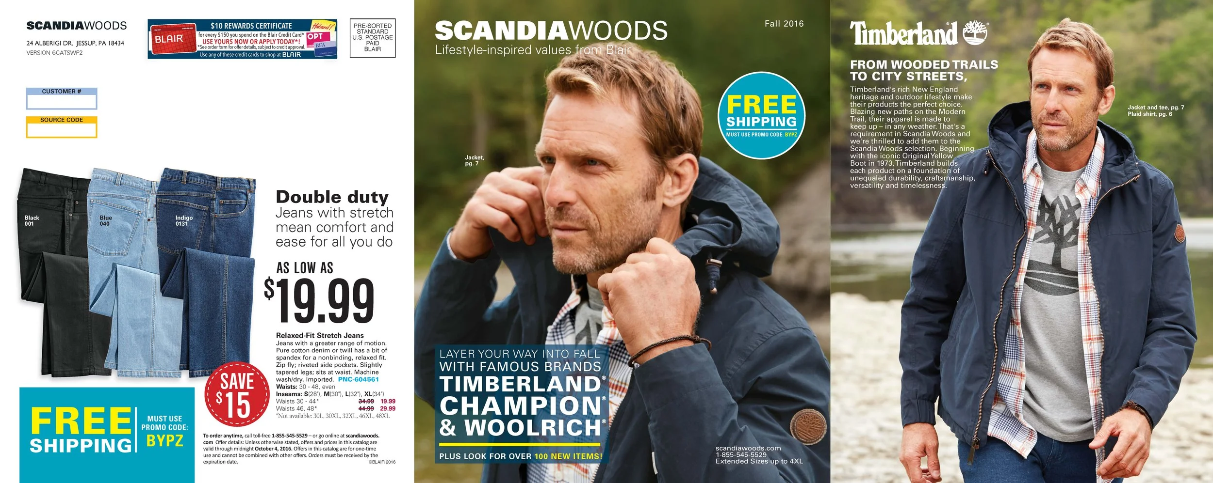 Advertisement for Timberland and Woolrich clothing brands featuring a man outdoors wearing a navy jacket over a plaid shirt and graphic t-shirt, with text about free shipping and product details.