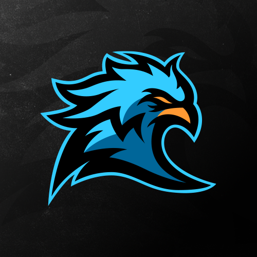 A stylized blue and black logo of a bird with an orange beak on a dark background.
