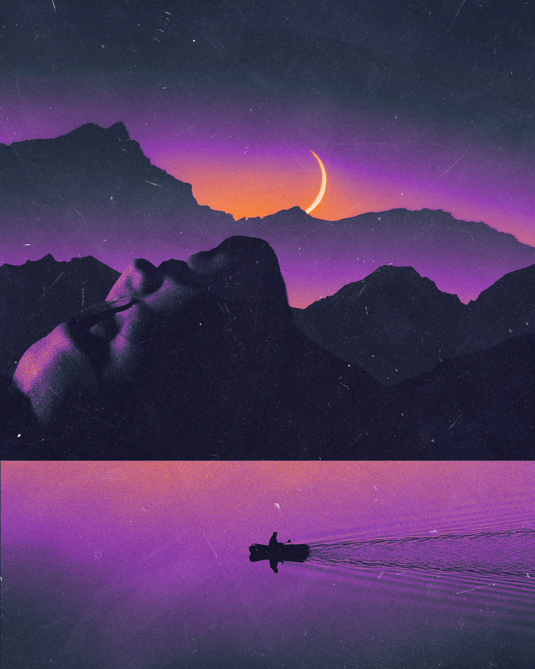 A person lying on a rock, drinking from a can, with a mountain landscape under a twilight sky featuring a crescent moon and starry sky, and a silhouette of a person rowing a boat on calm water reflecting the purple and orange hues.