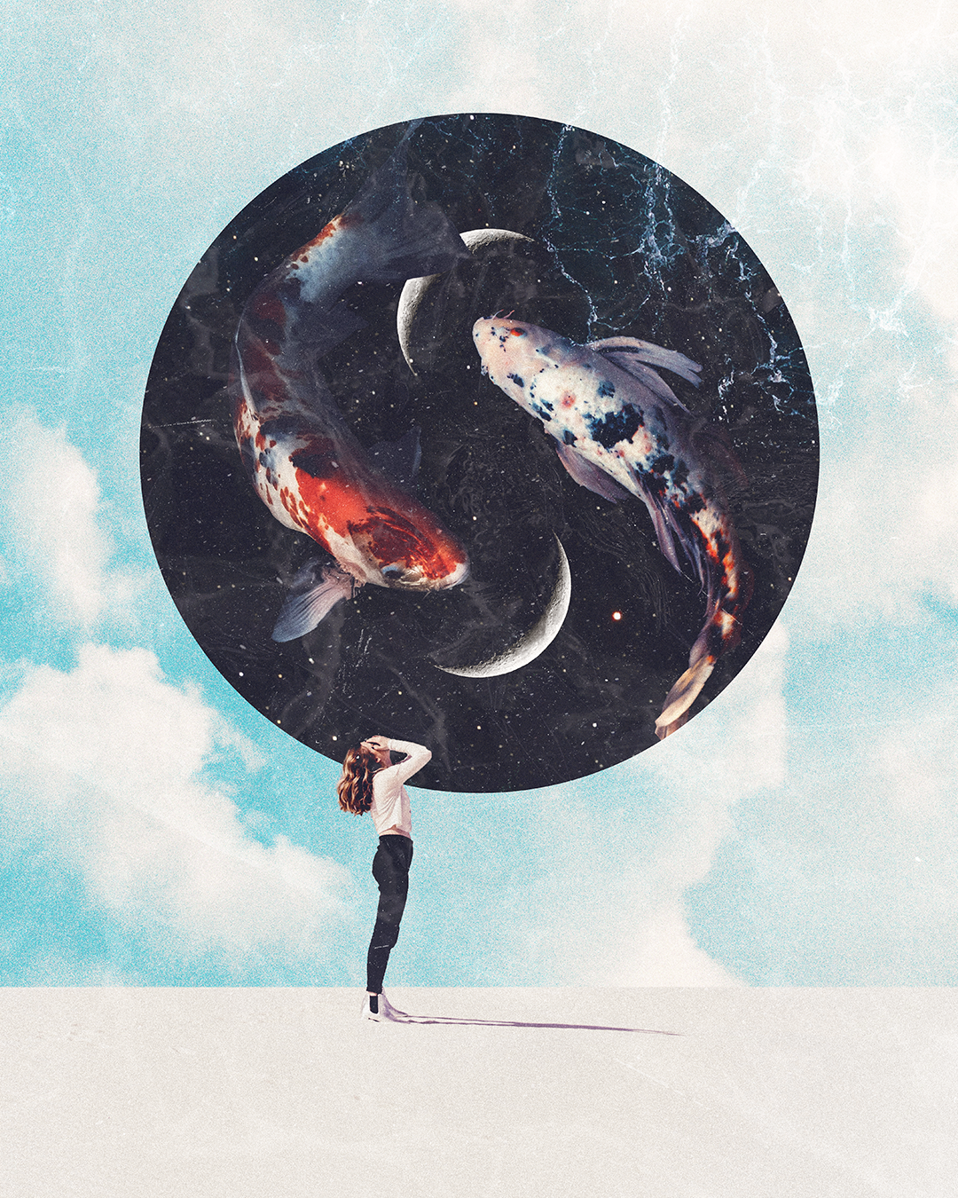 A woman standing on a desert-like surface, looking up at a large circular floating sphere with koi fish, moons, stars, and galaxy imagery inside.