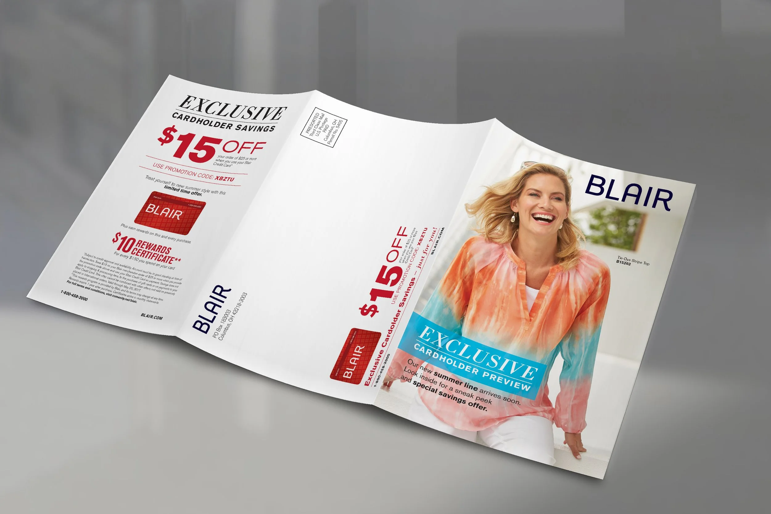 A folded flyer featuring a smiling woman with blonde hair wearing an orange and pink tie-dye top. The flyer advertises exclusive cardholder savings with a $15 discount and includes promotional codes, rewards, and store information.