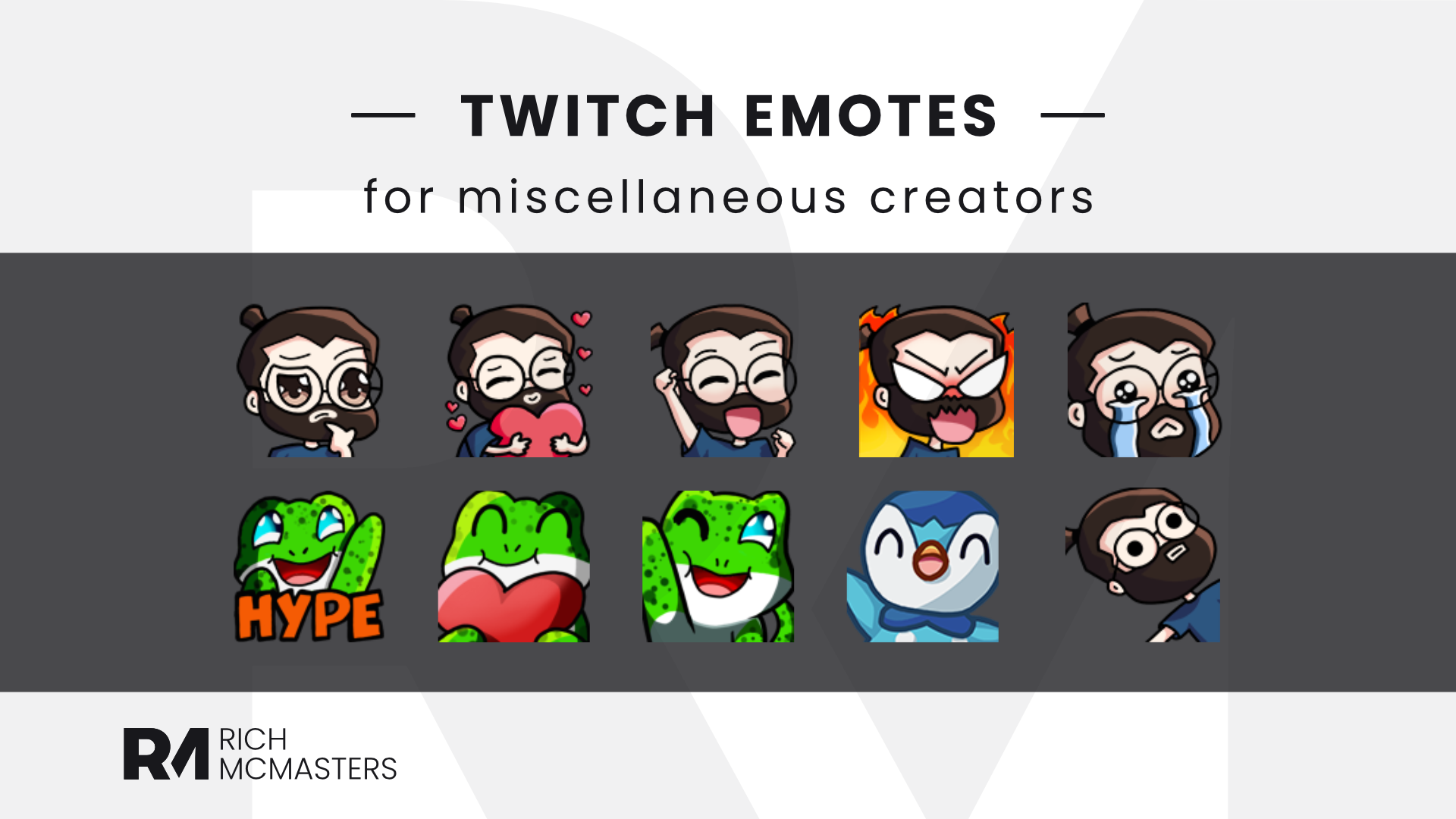 Collection of Twitch emotes featuring a bearded man with glasses in various emotional expressions, geckos, and the pokemon piplup.