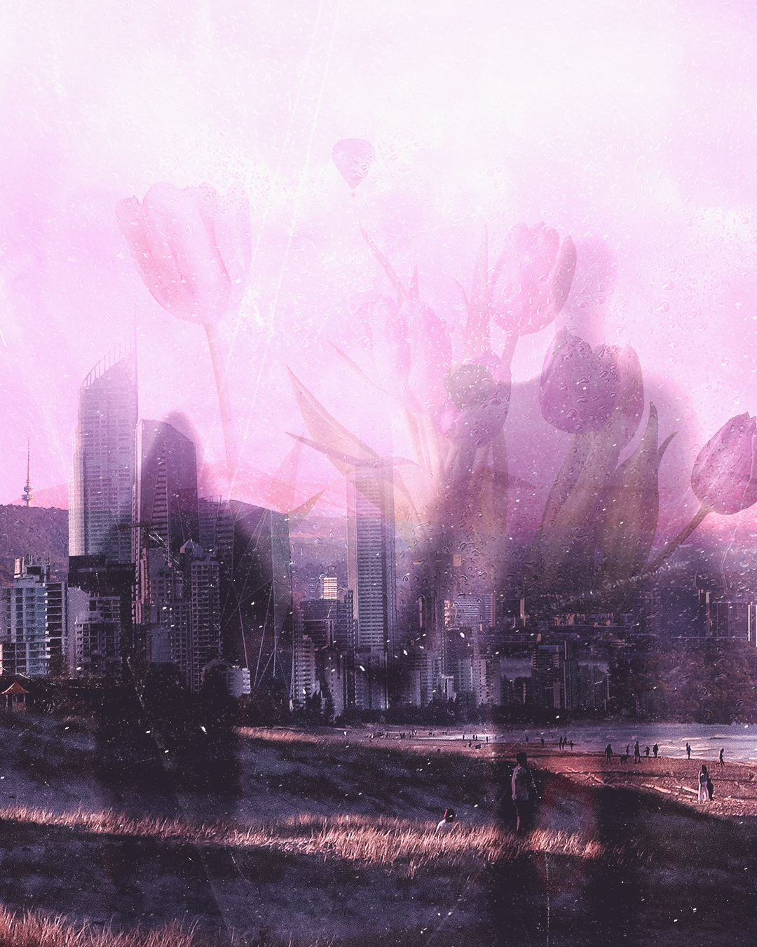 A city skyline with tall buildings over a beach. Superimposed is a transparent image of pink tulip flowers and a hot air balloon, creating a double exposure effect. There is a faded silhouette of two people holding hands as if they are phantoms.