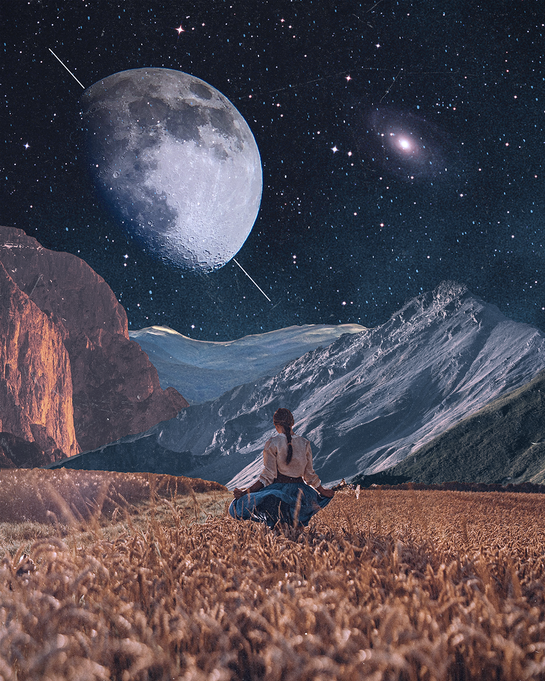 A person sitting cross-legged in a wheat field, looking up at a starry night sky with a large moon and distant galaxy.