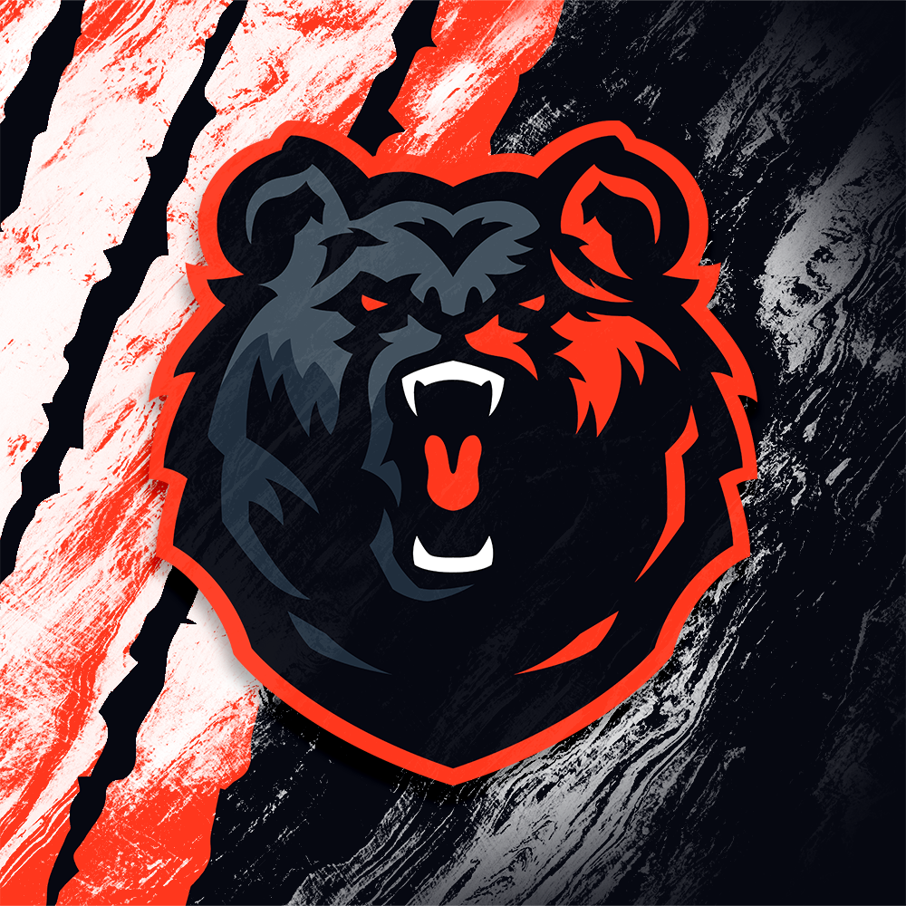 A stylized logo of a bear's face with half black and half red fur, featuring fierce eyes and an open mouth showing teeth, on a background with black, white, and red brush strokes.