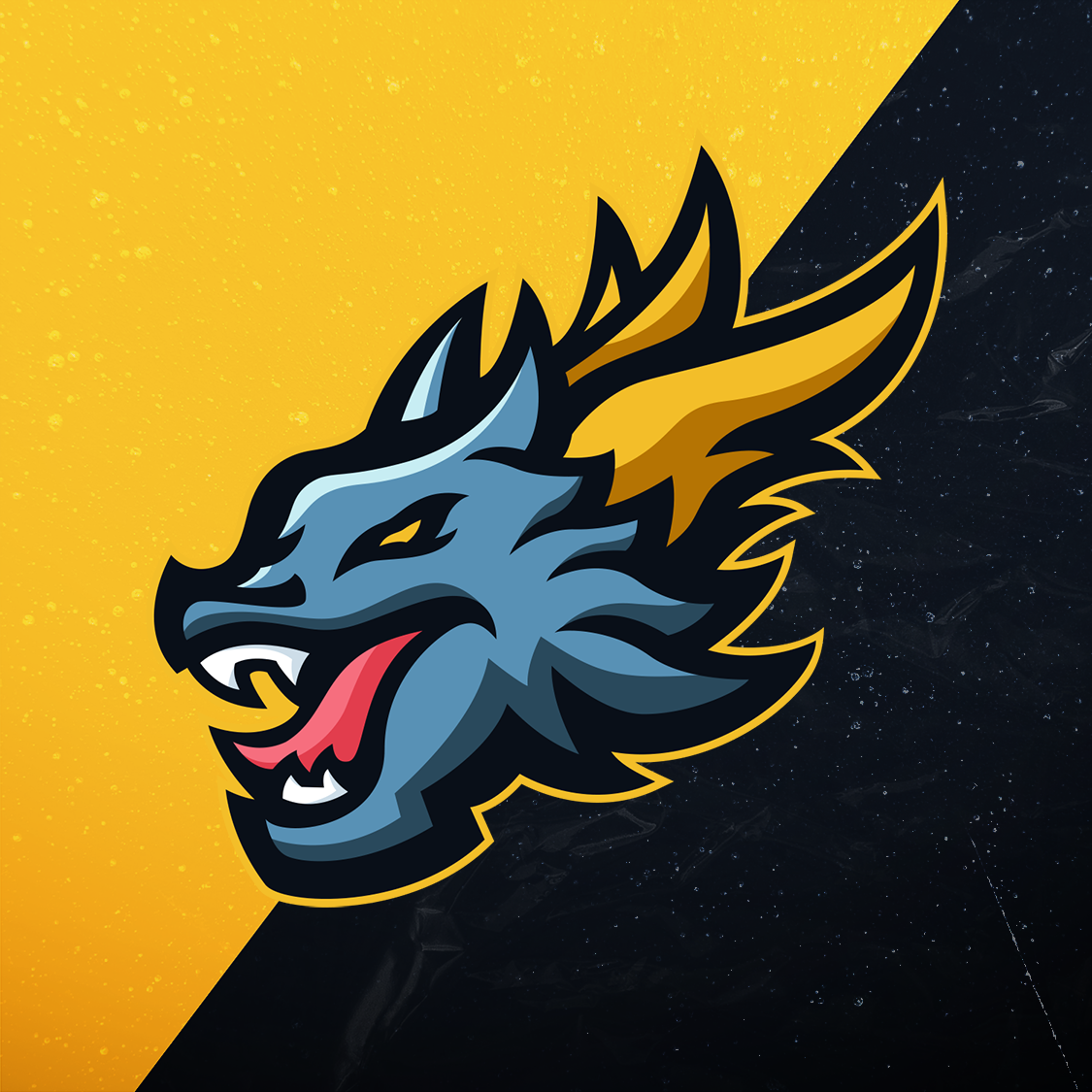 Logo of a stylized dragon's head with blue and yellow accents against a split yellow and black background.