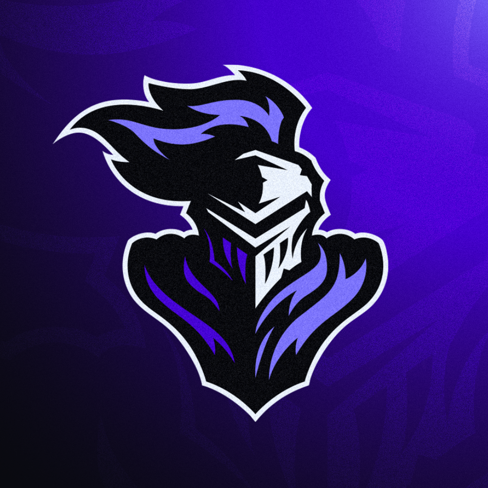 Stylized mascot logo of a knight's helmet in black, purple, and white colors on a purple background.