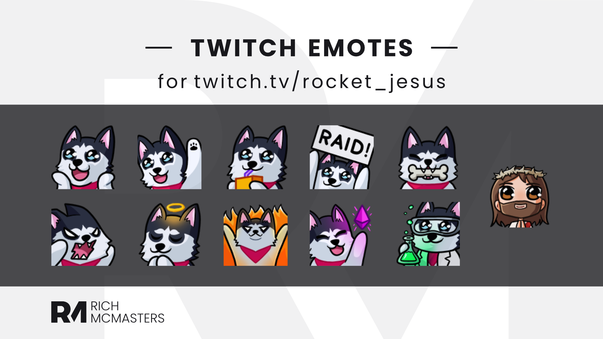Collection of Twitch emotes featuring various a cute husky with different expressions and accessories, and a humanoid character with a beard and crown of thorns, set against a gray background.