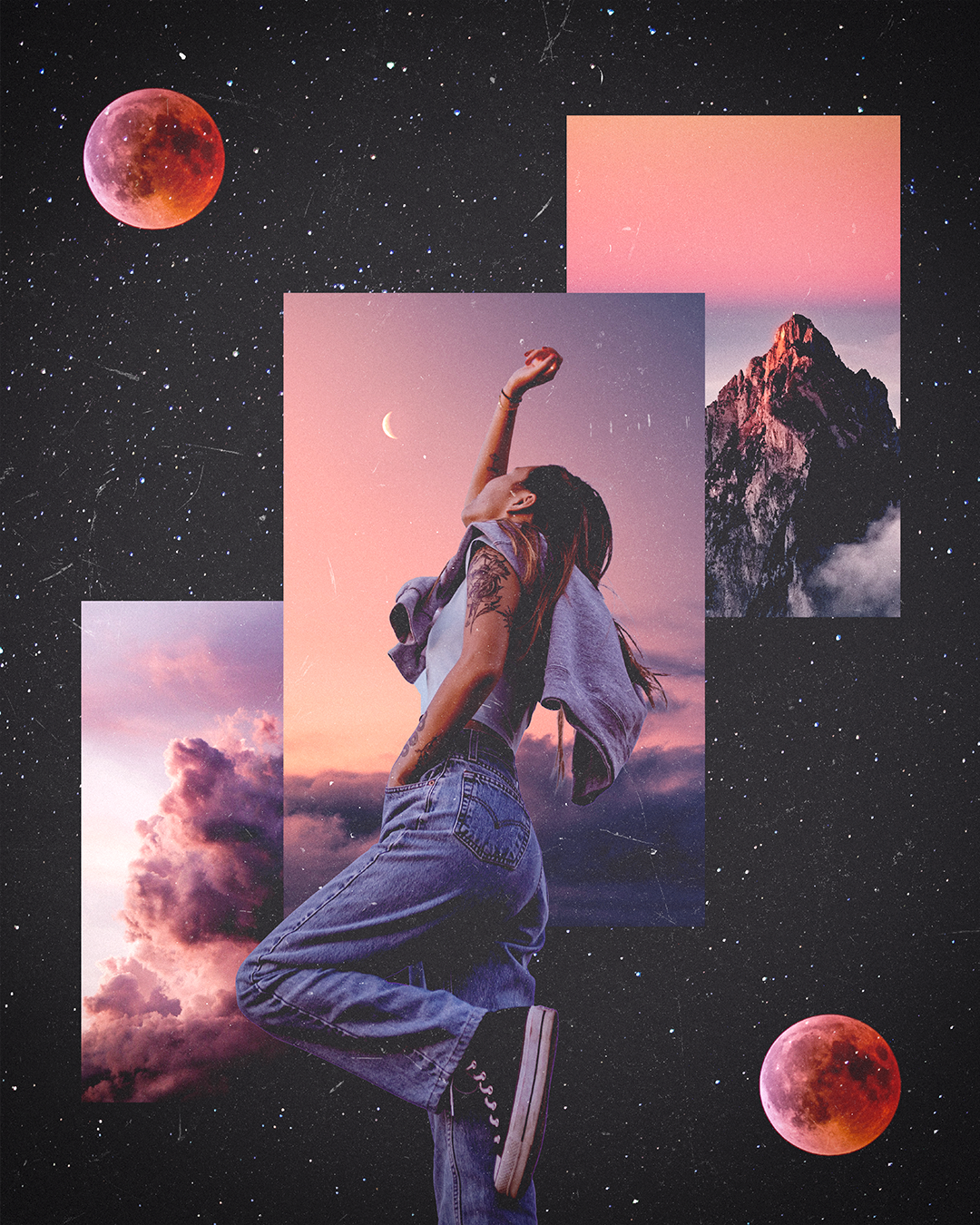 A woman with tattoos wearing a grey sweatshirt tied around her shoulders and jeans, standing against a surreal background of the night sky with stars, moons, clouds, mountain, and digital pink-toned rectangles.