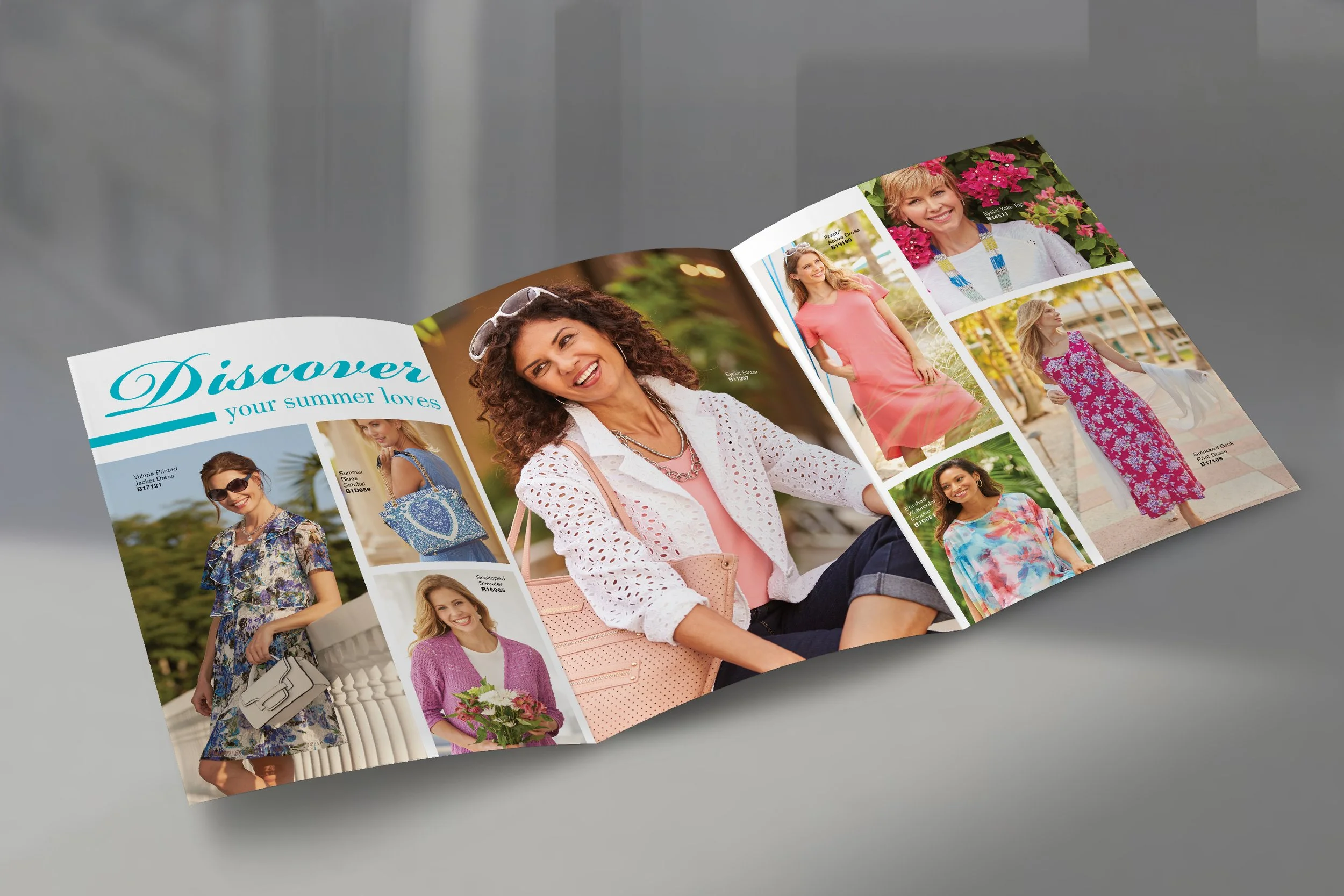 Open fashion catalog featuring women in summer outfits with the headline "Discover your summer loves"